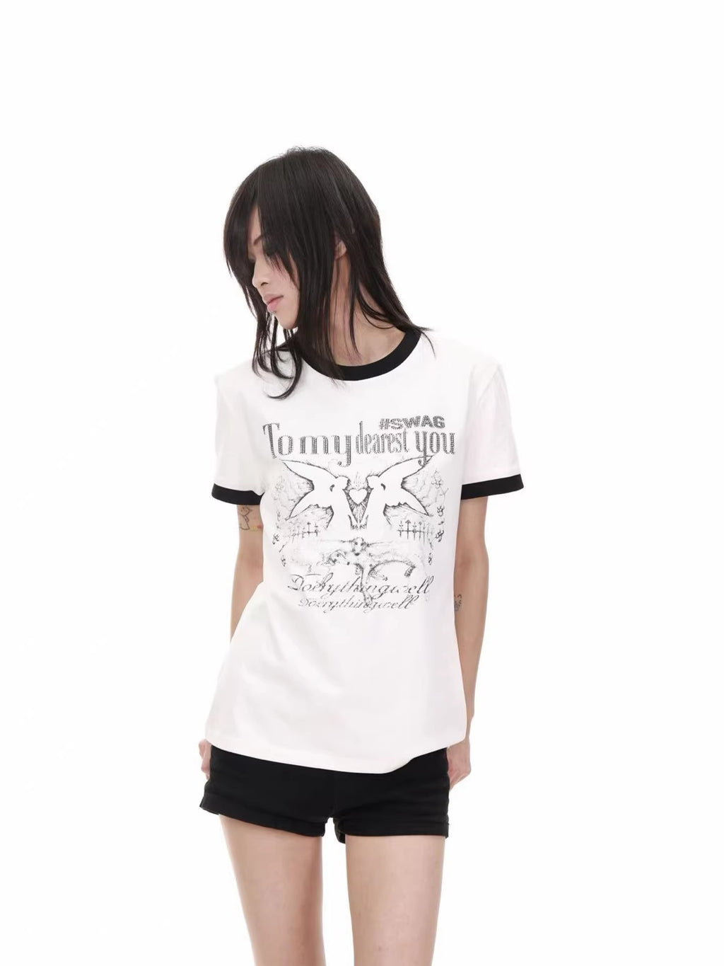 DETW "Angel Slogan" Front Shoulder Slim Versatile Tee