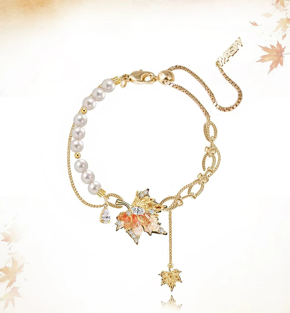 MASW Splicing Pearl Sunset Orange Maple Leaf Bracelet