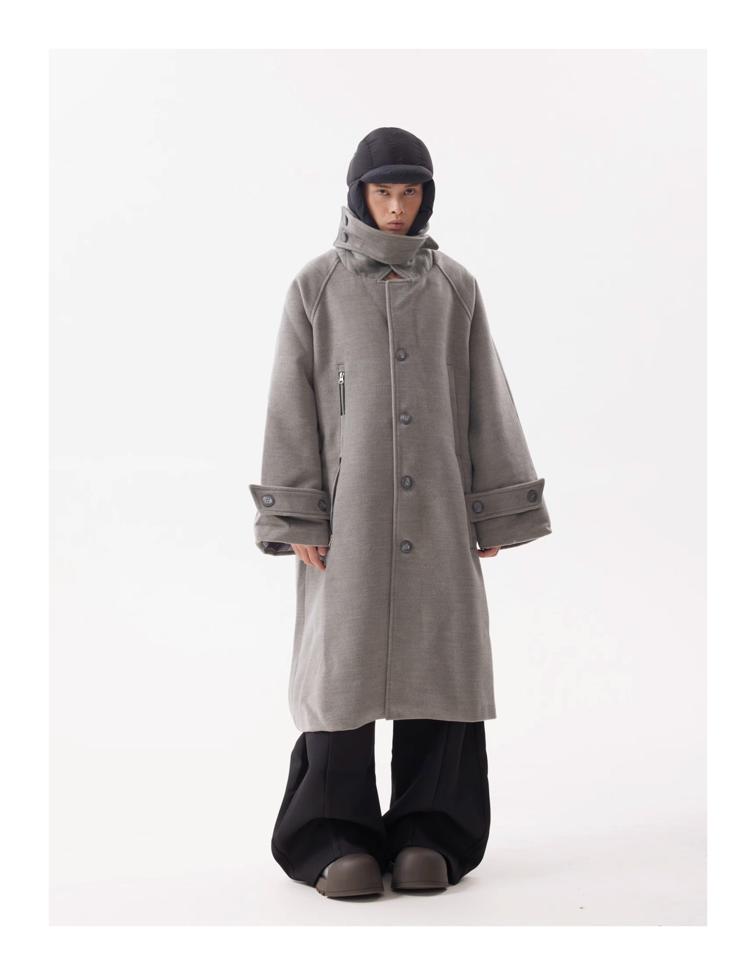 BTSG Premium Woolen Coat Silhouette Long Multi-Button Over-the-Knee Wool Fleece Trench Coat Jacket