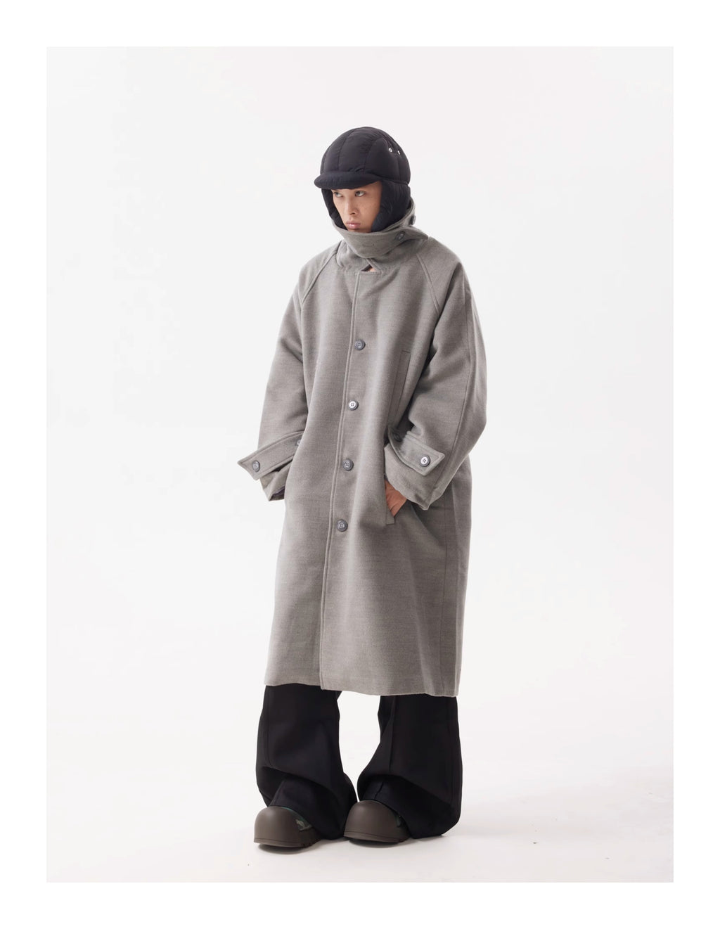 BTSG Premium Woolen Coat Silhouette Long Multi-Button Over-the-Knee Wool Fleece Trench Coat Jacket