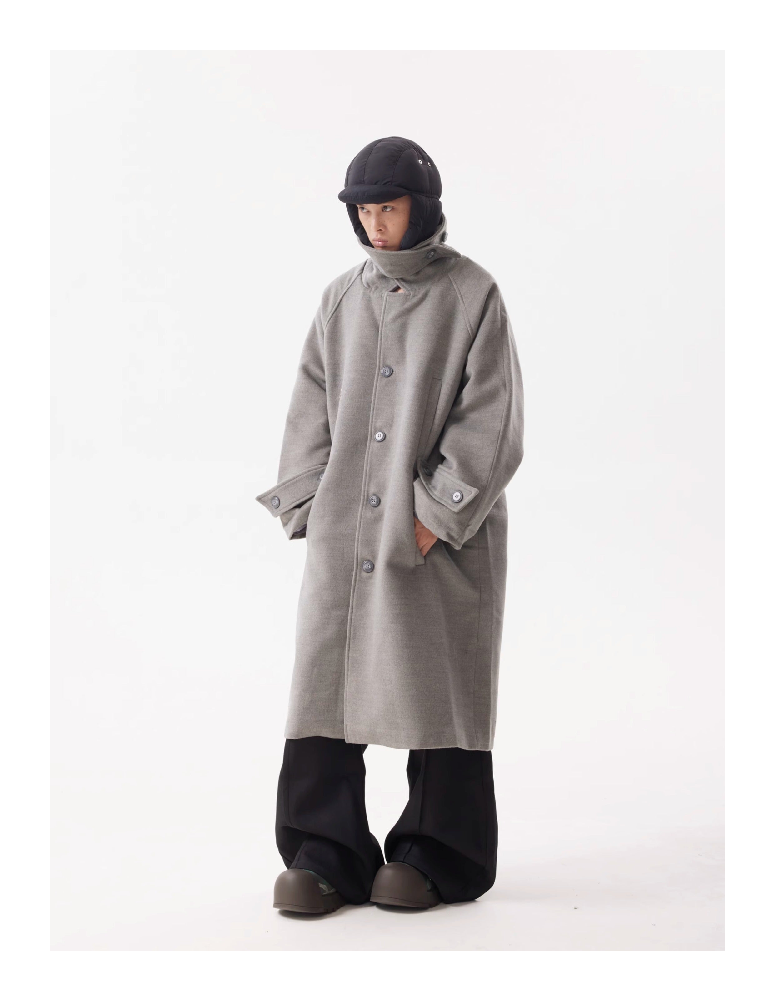 BTSG Premium Woolen Coat Silhouette Long Multi-Button Over-the-Knee Wool Fleece Trench Coat Jacket