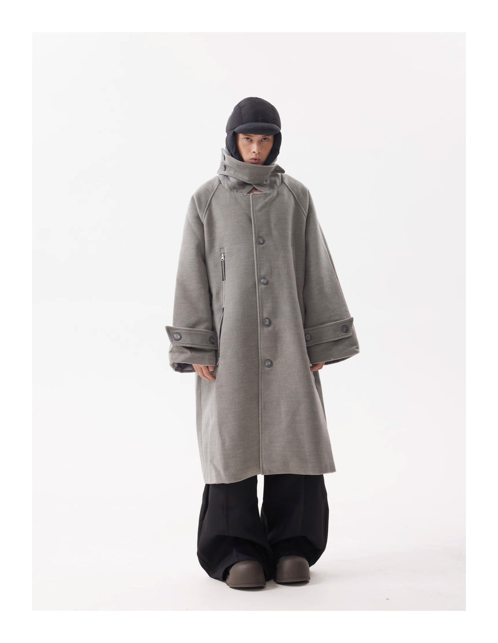 BTSG Premium Woolen Coat Silhouette Long Multi-Button Over-the-Knee Wool Fleece Trench Coat Jacket