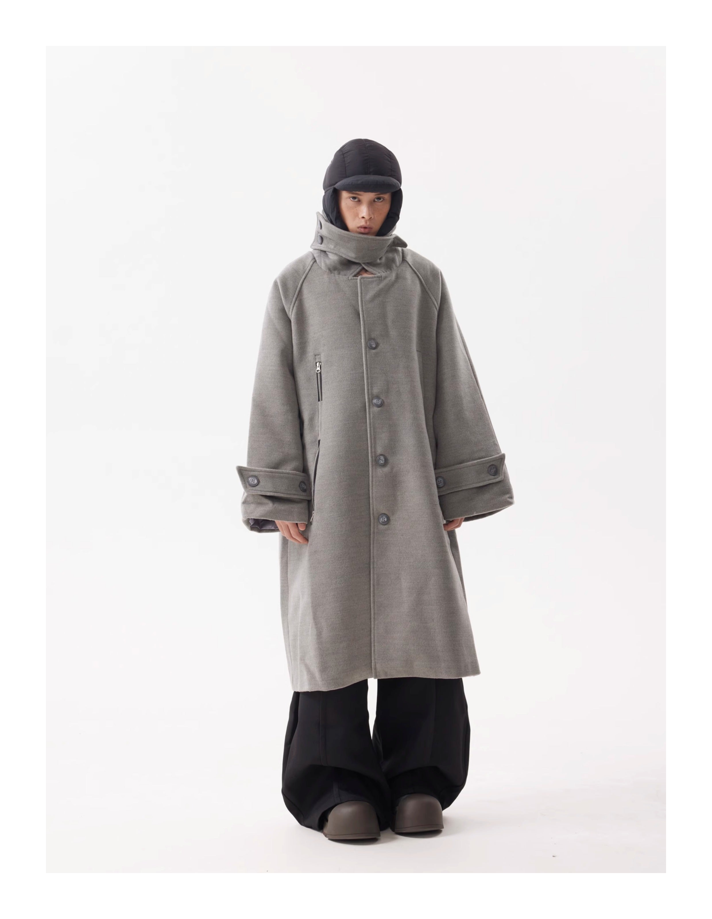 BTSG Premium Woolen Coat Silhouette Long Multi-Button Over-the-Knee Wool Fleece Trench Coat Jacket