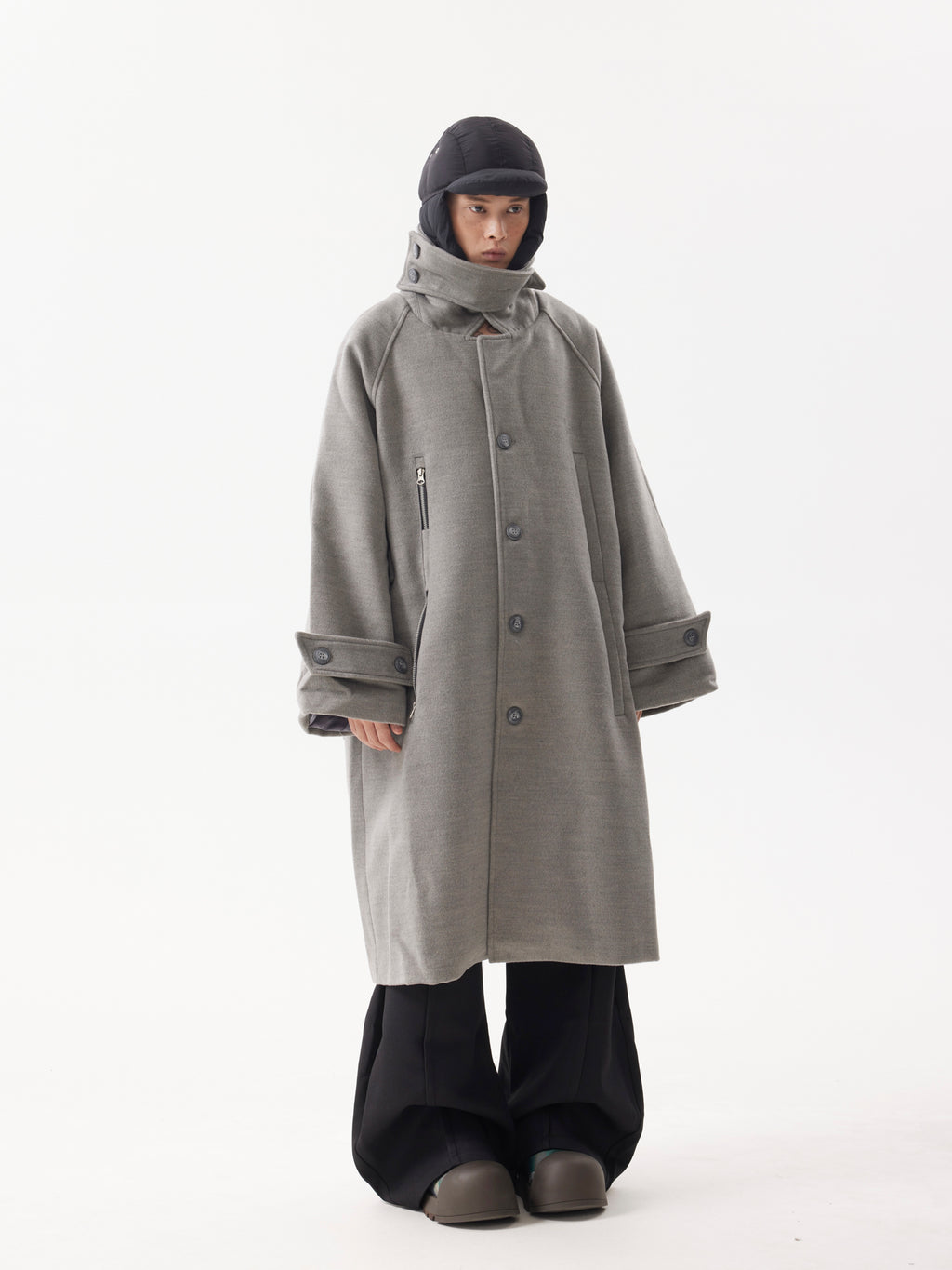 BTSG Premium Woolen Coat Silhouette Long Multi-Button Over-the-Knee Wool Fleece Trench Coat Jacket