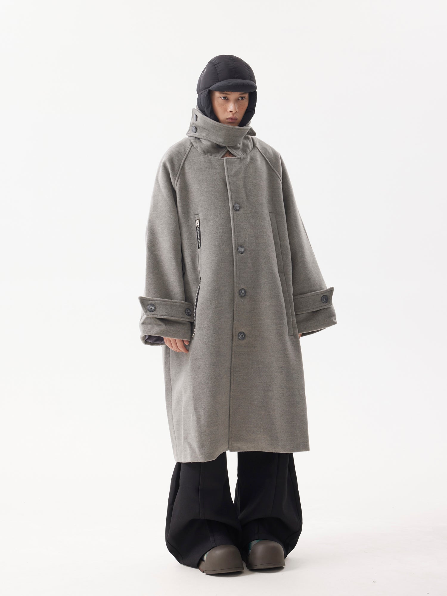 BTSG Premium Woolen Coat Silhouette Long Multi-Button Over-the-Knee Wool Fleece Trench Coat Jacket