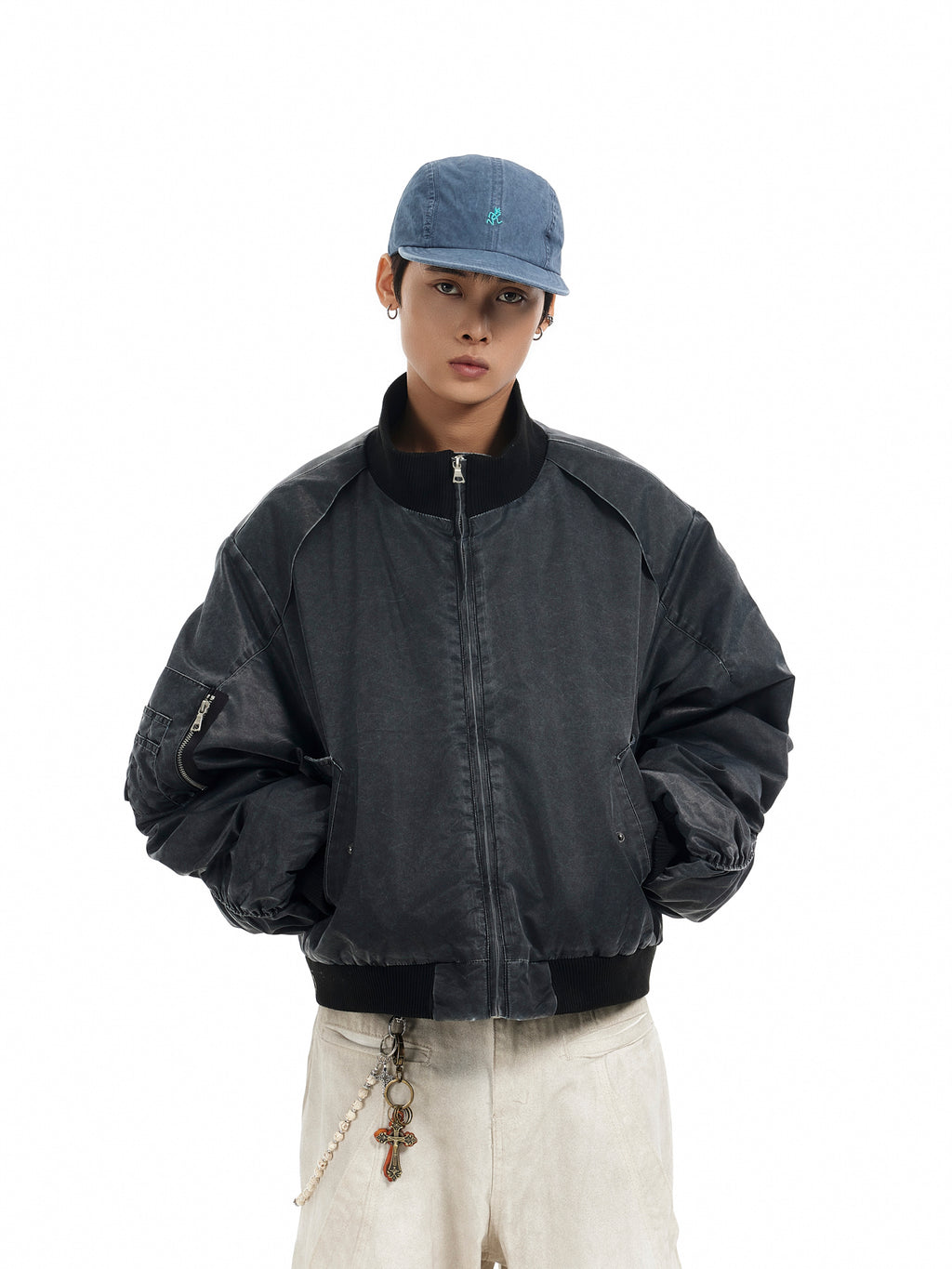 BTSG Distressed deconstructed panelled MA1 bomber jacket
