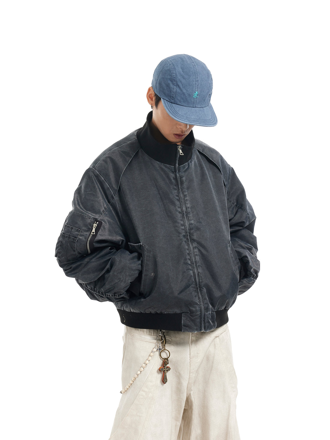 BTSG Distressed deconstructed panelled MA1 bomber jacket