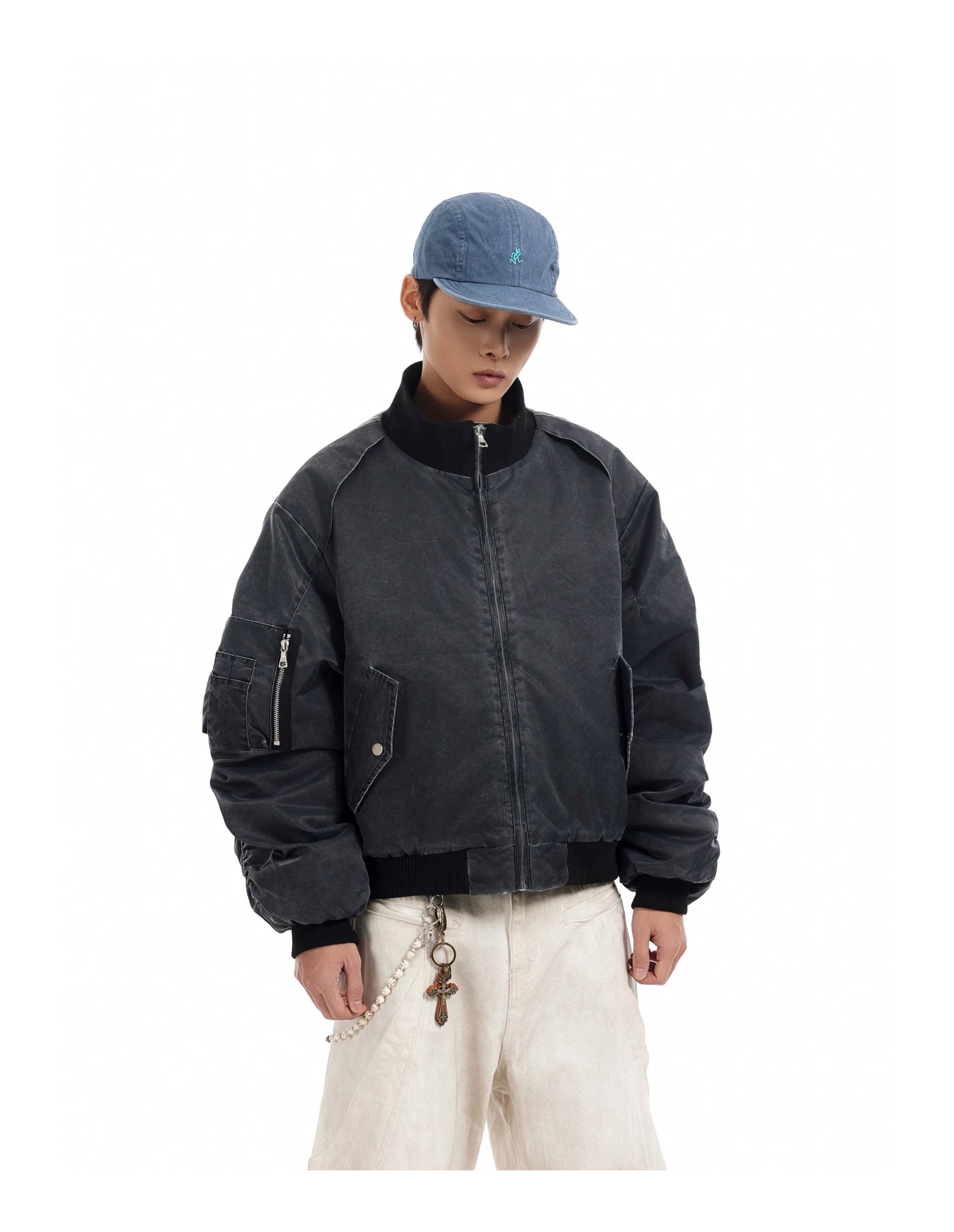 BTSG Distressed deconstructed panelled MA1 bomber jacket