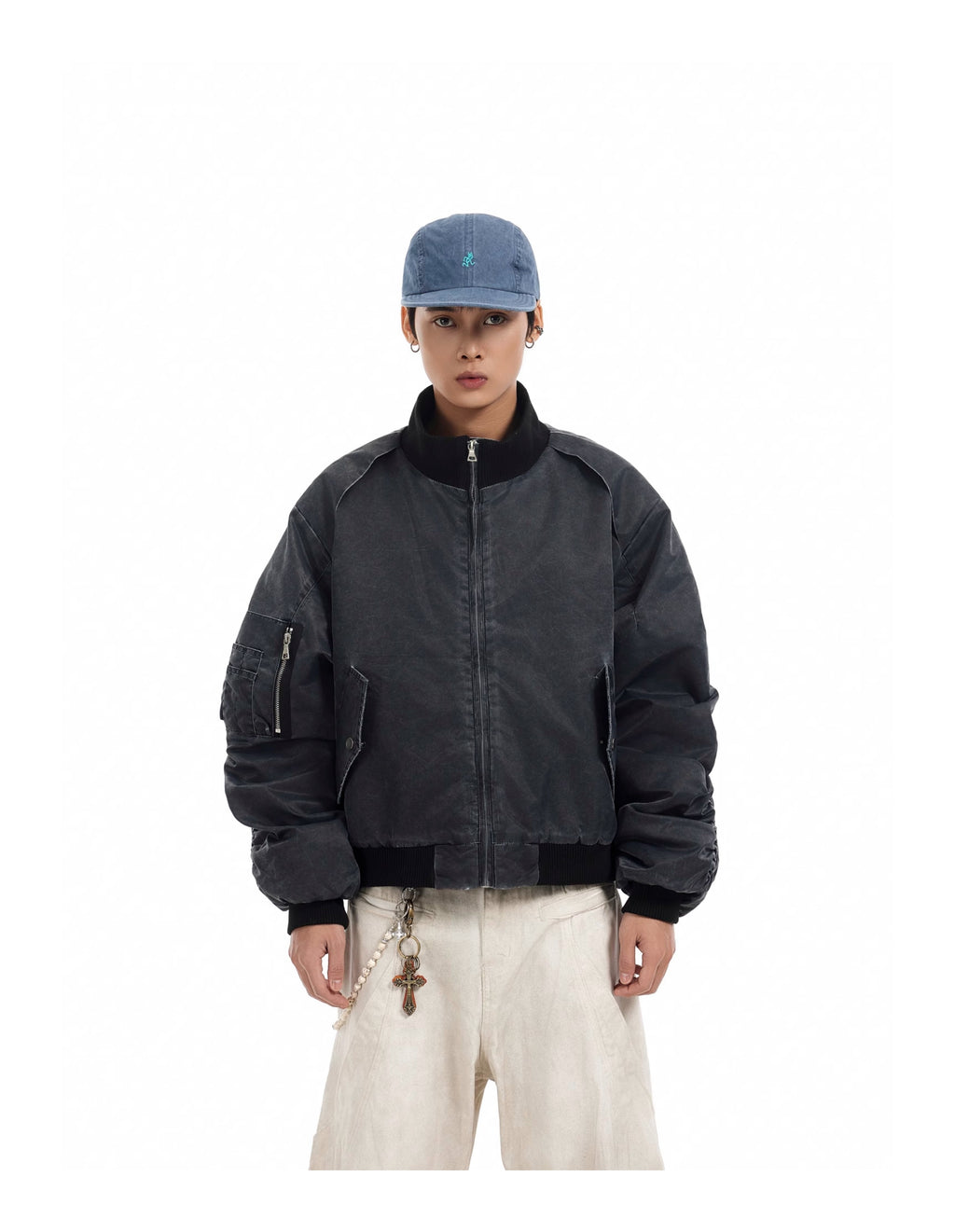 BTSG Distressed deconstructed panelled MA1 bomber jacket
