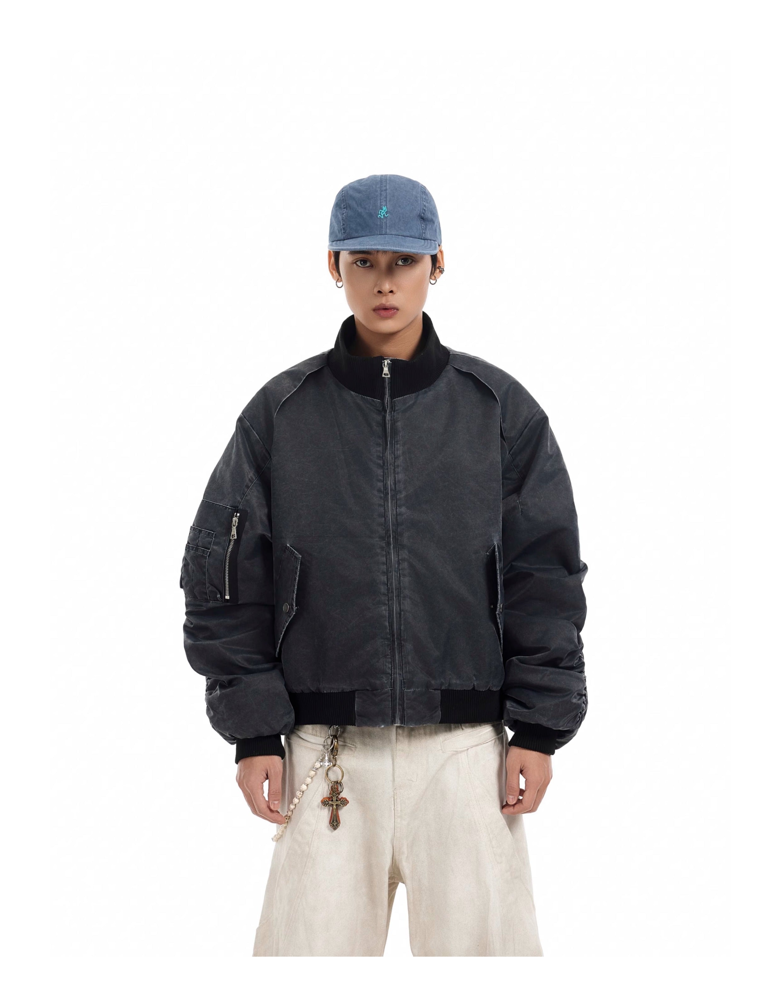 BTSG Distressed deconstructed panelled MA1 bomber jacket