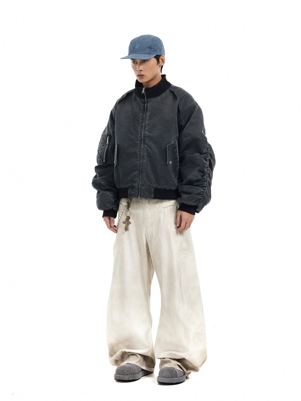 BTSG Distressed deconstructed panelled MA1 bomber jacket