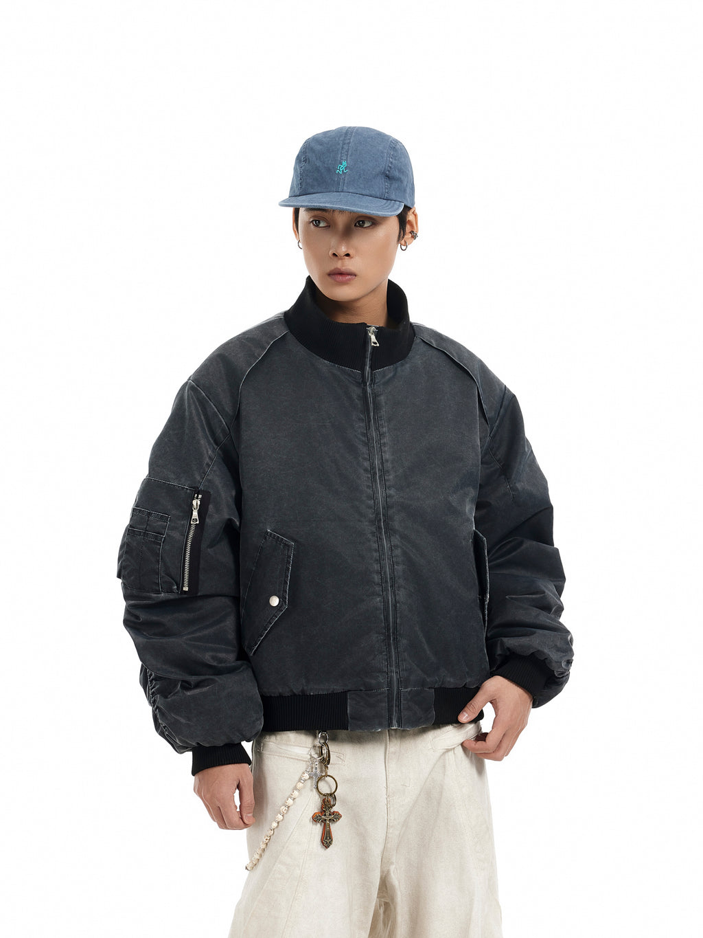BTSG Distressed deconstructed panelled MA1 bomber jacket