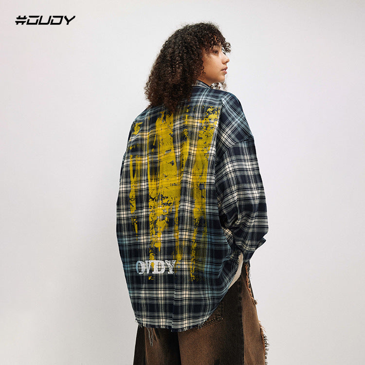 #OVDY Classic Retro Blue Oversize Checker Long Sleeve Spray Painted Plaid Shirt