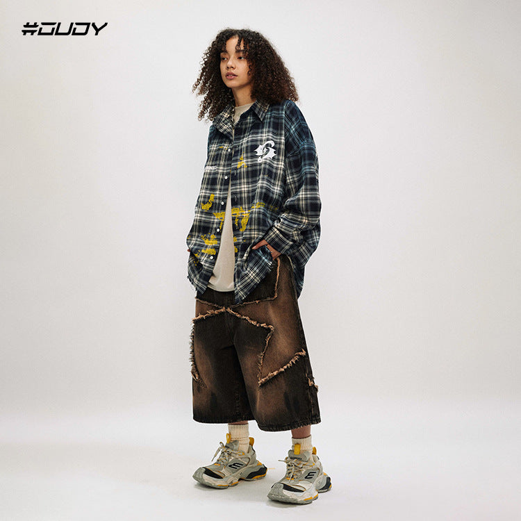 #OVDY Classic Retro Blue Oversize Checker Long Sleeve Spray Painted Plaid Shirt