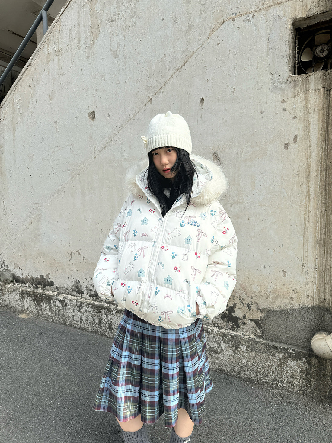 Axis Mundi Cartoon Full Print Fur Collar Hooded Cotton Jacket