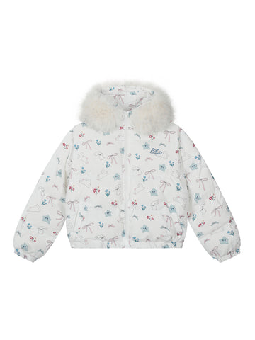 Axis Mundi Cartoon Full Print Fur Collar Hooded Cotton Jacket