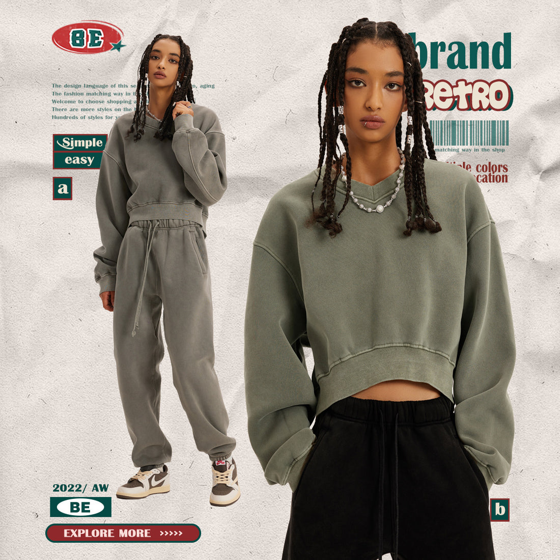 BE Dawang Tide Washed V-Neck Cropped Sweatshirt