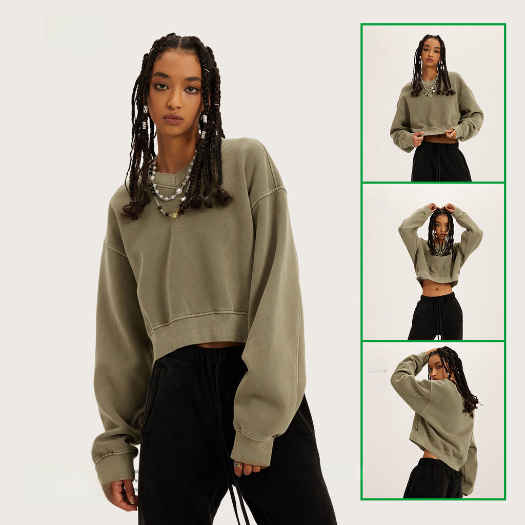 BE Dawang Tide Washed V-Neck Cropped Sweatshirt