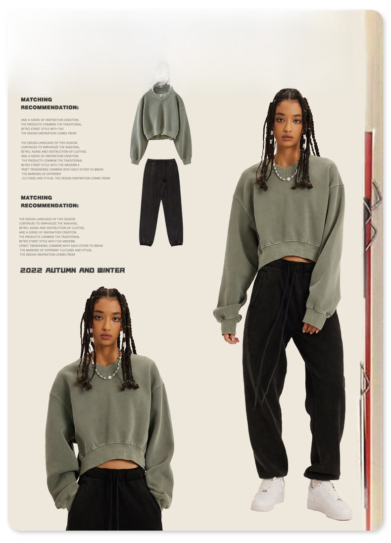 BE Dawang Tide Washed V-Neck Cropped Sweatshirt