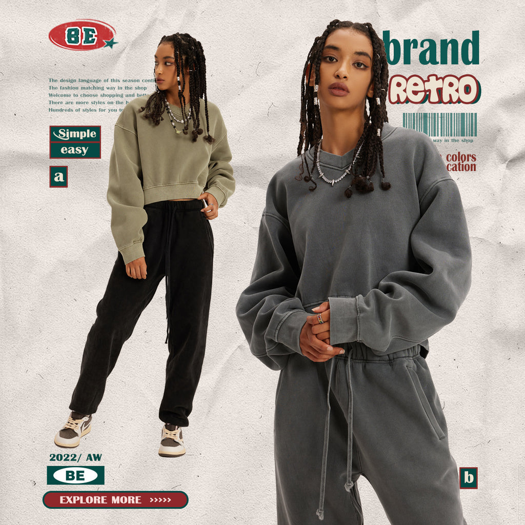 BE Dawang Tide Washed V-Neck Cropped Sweatshirt