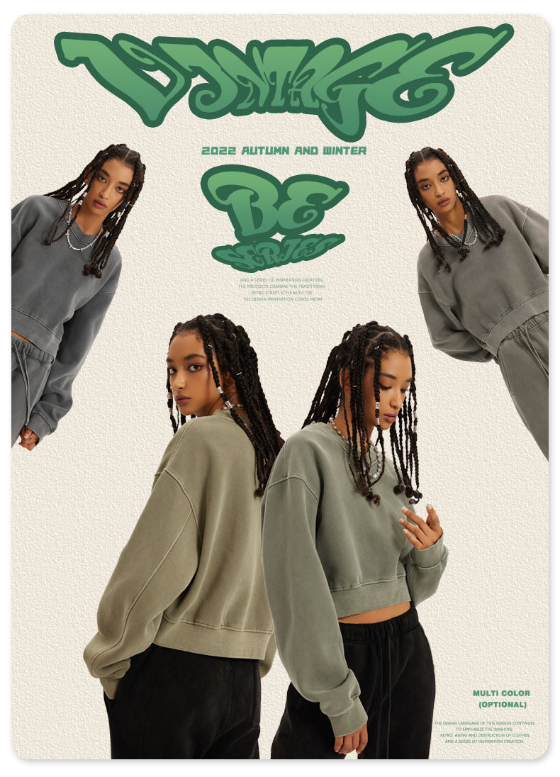 BE Dawang Tide Washed V-Neck Cropped Sweatshirt