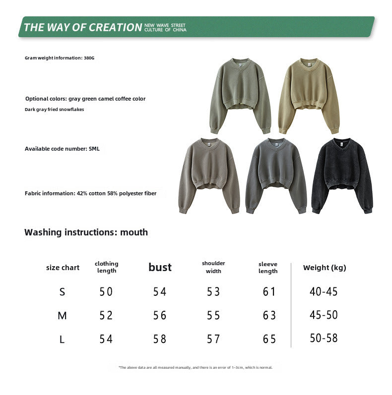 BE Dawang Tide Washed V-Neck Cropped Sweatshirt