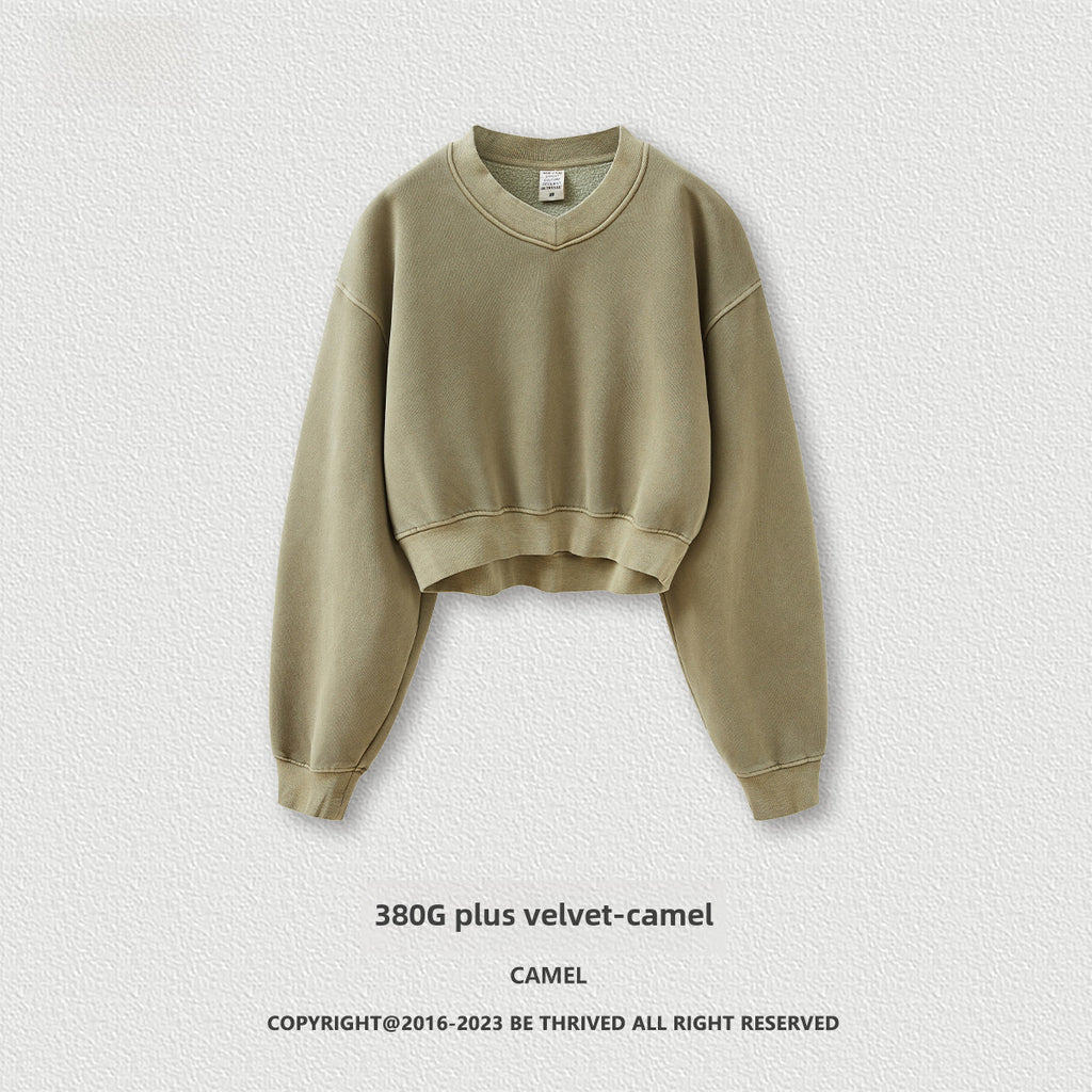 BE Dawang Tide Washed V-Neck Cropped Sweatshirt