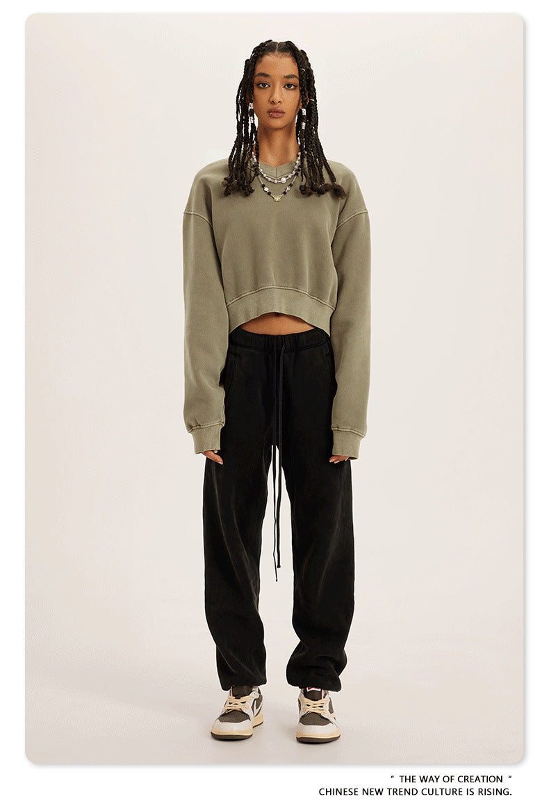 BE Dawang Tide Washed V-Neck Cropped Sweatshirt