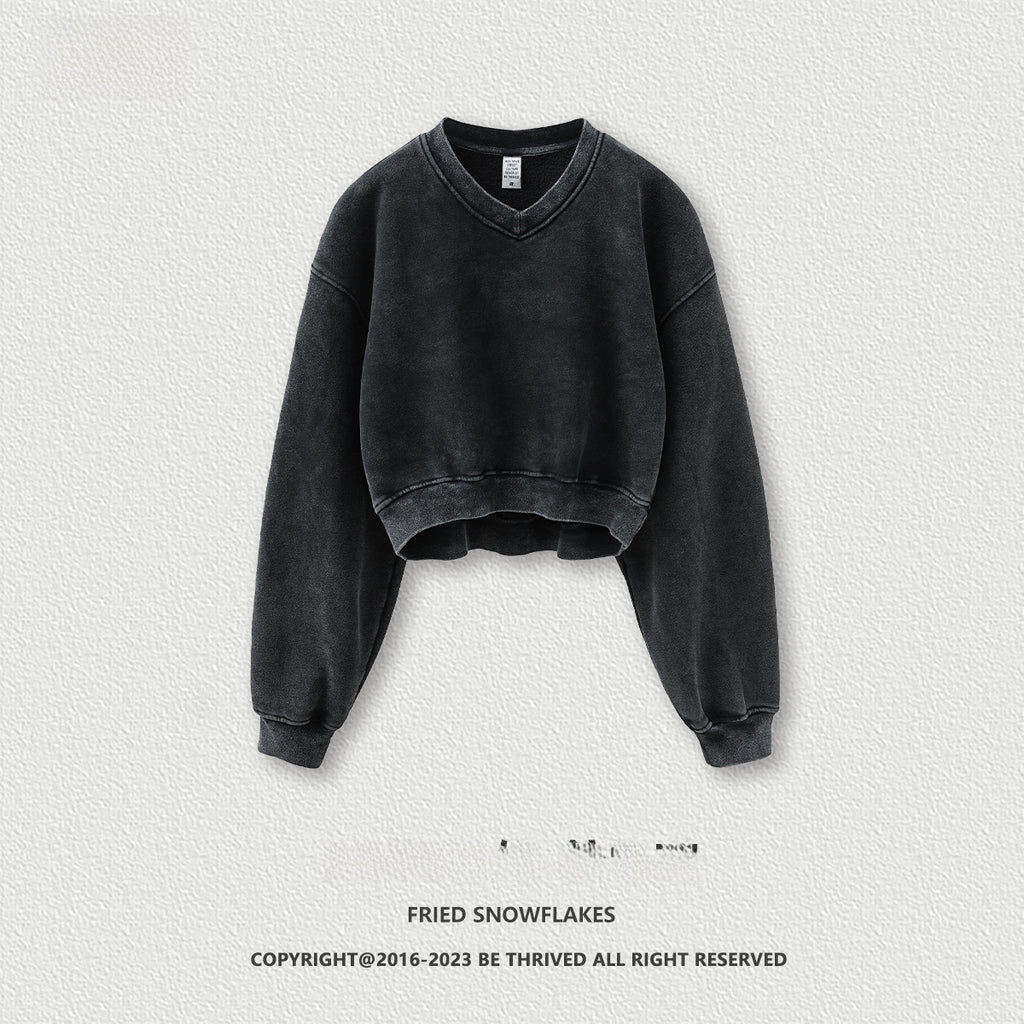 BE Dawang Tide Washed V-Neck Cropped Sweatshirt