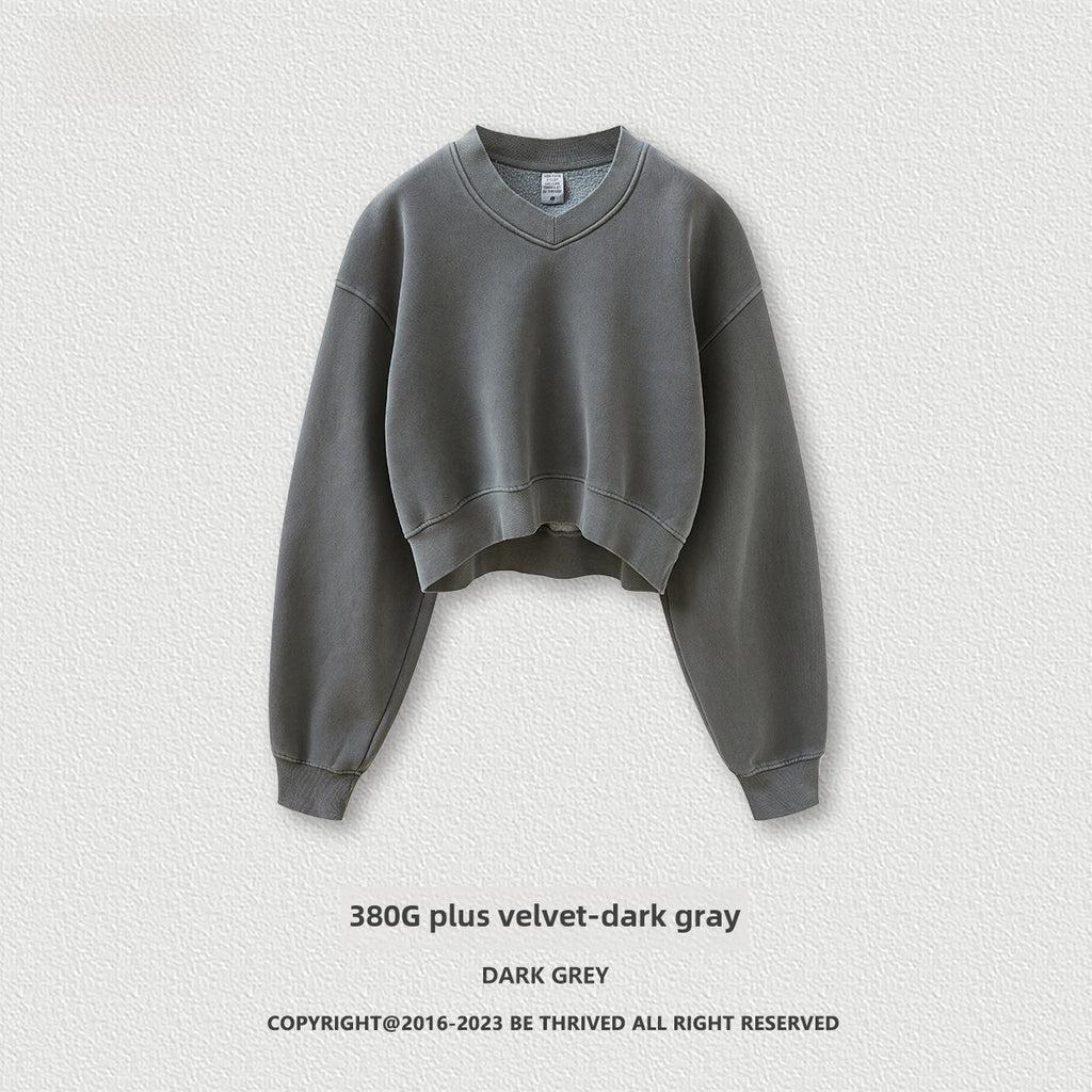 BE Dawang Tide Washed V-Neck Cropped Sweatshirt