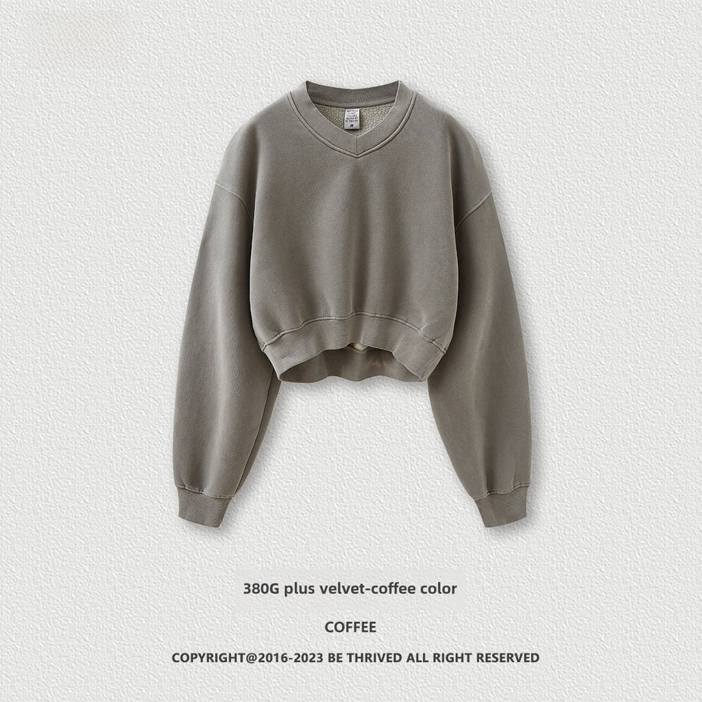 BE Dawang Tide Washed V-Neck Cropped Sweatshirt