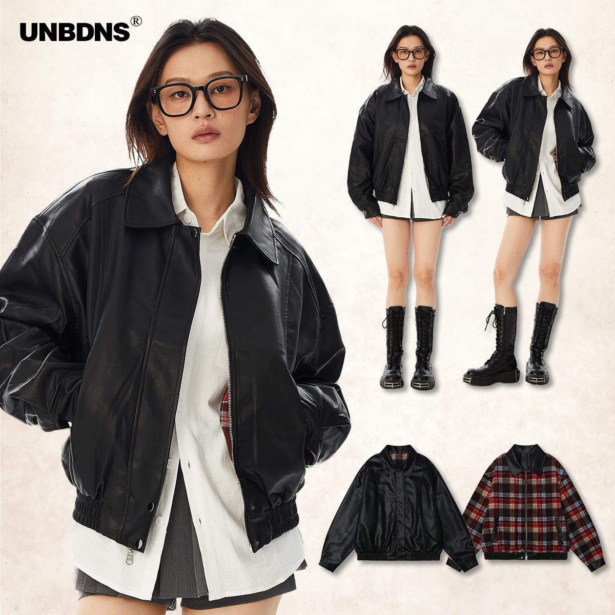 UNBDNS American retro plaid reversible unisex leather jacket