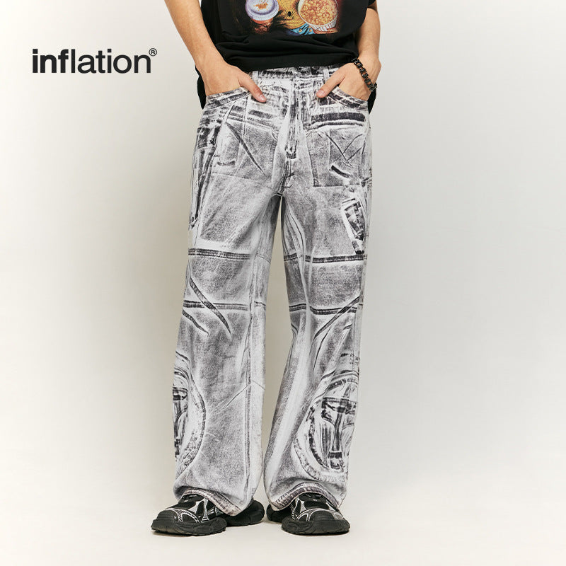 INFLATION Stitching brush color digital print American street loose wide-leg jeans