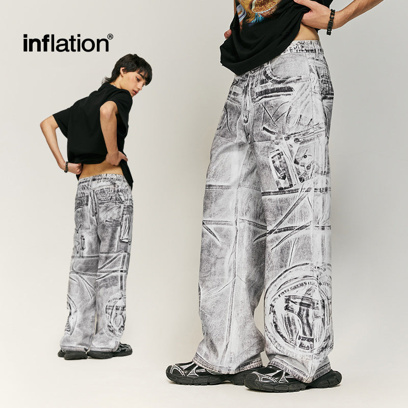 INFLATION Stitching brush color digital print American street loose wide-leg jeans