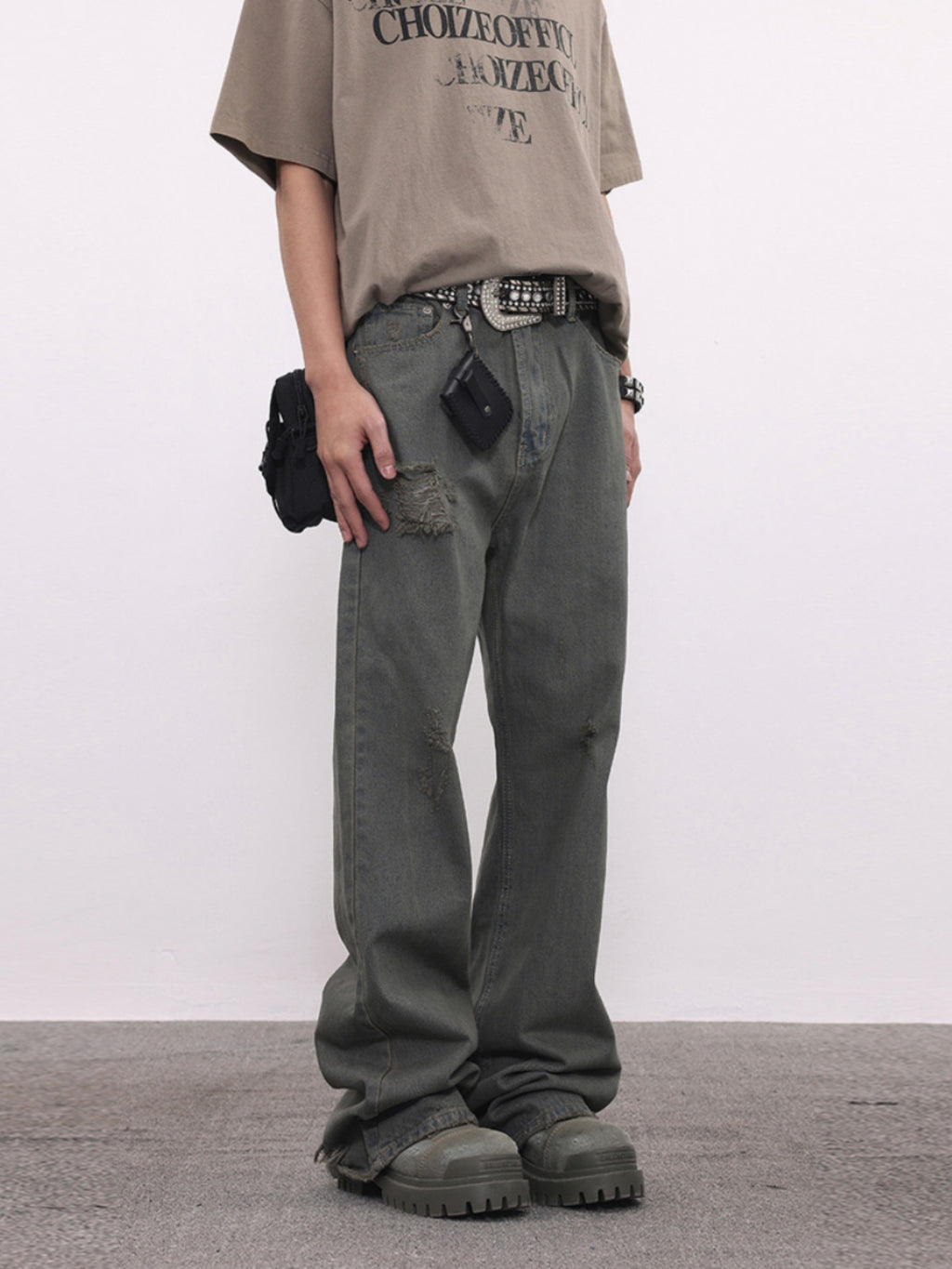 BTSG washed distressed grey green spoiled jeans