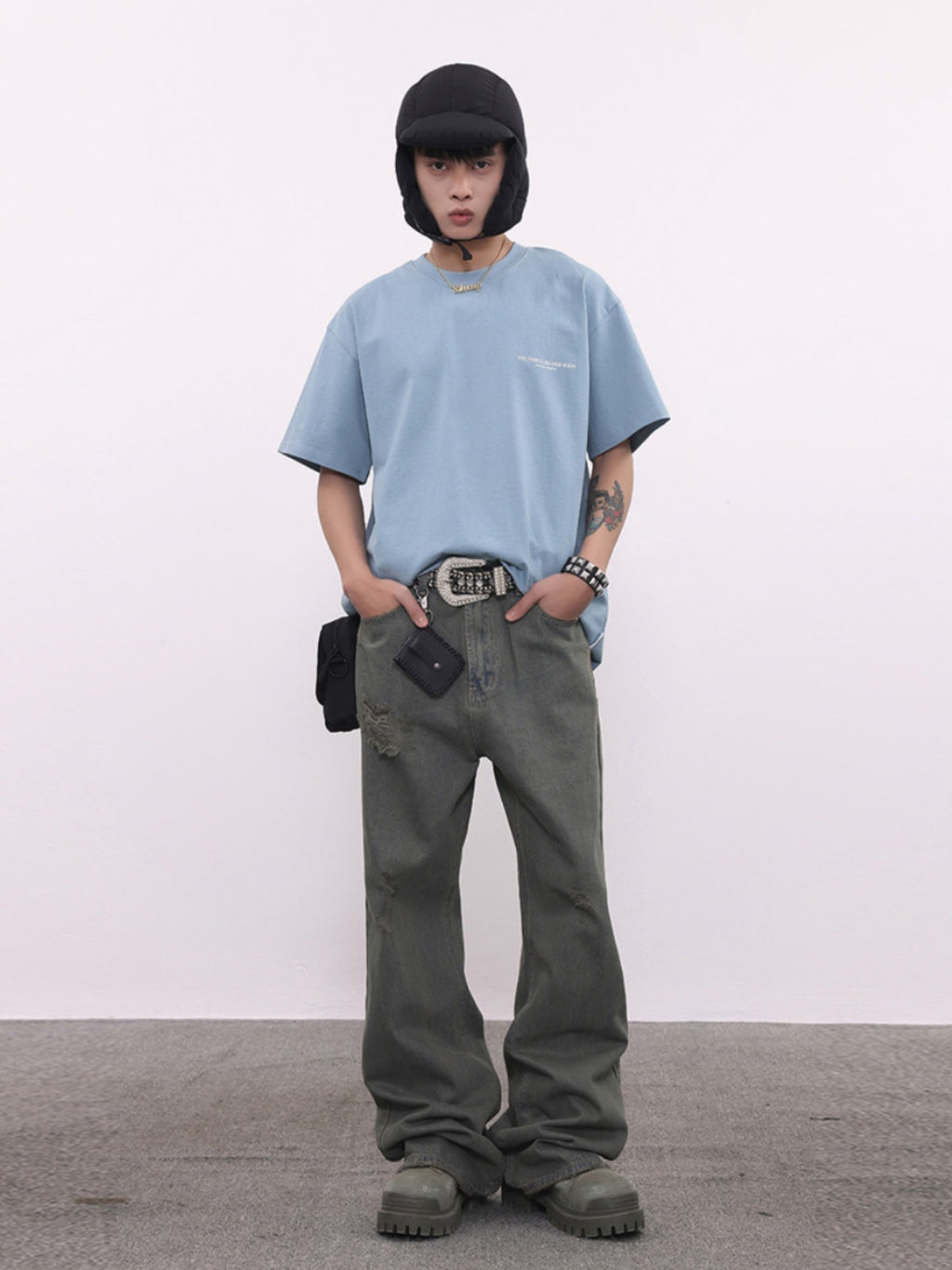BTSG washed distressed grey green spoiled jeans