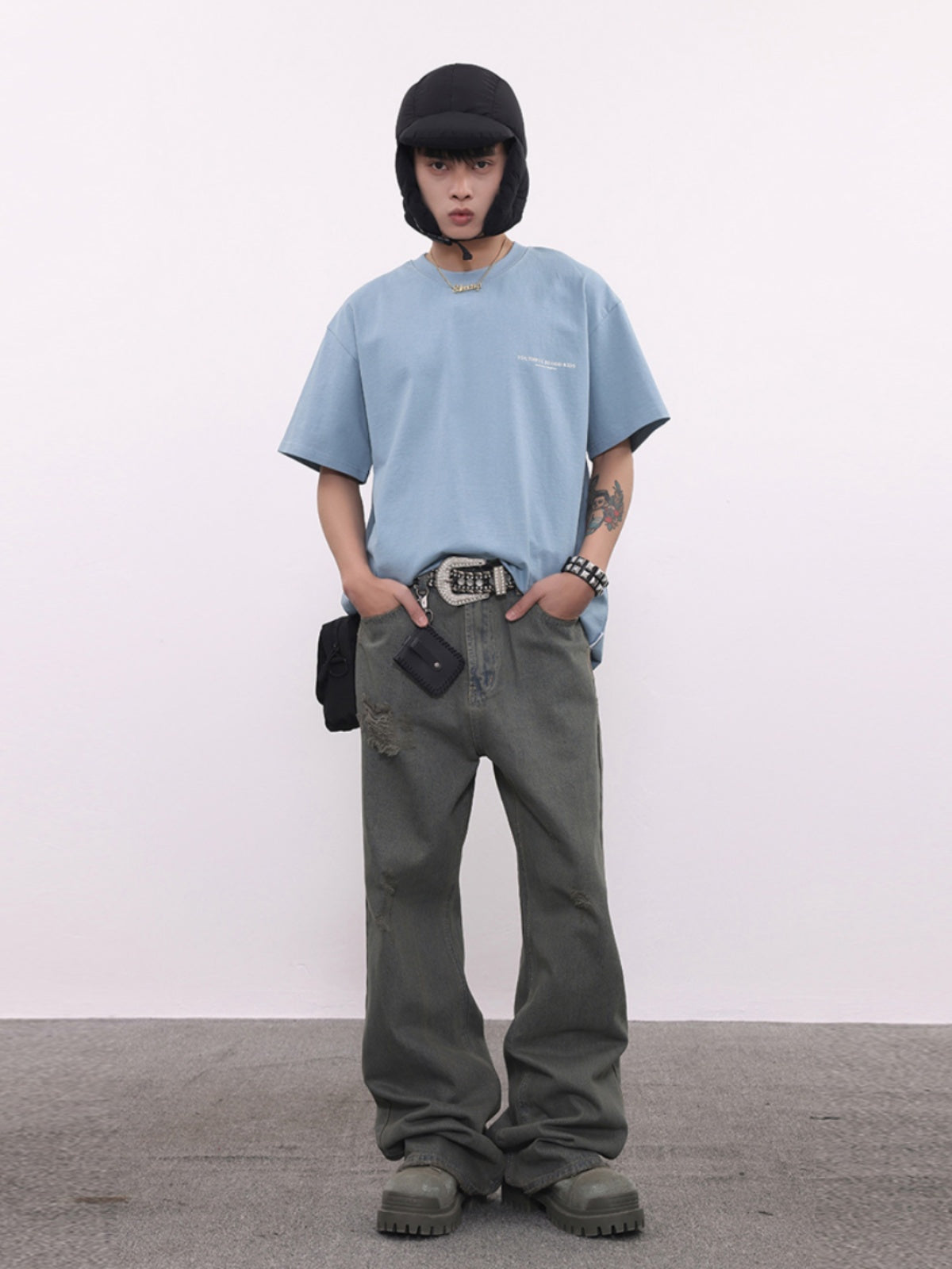 BTSG washed distressed grey green spoiled jeans