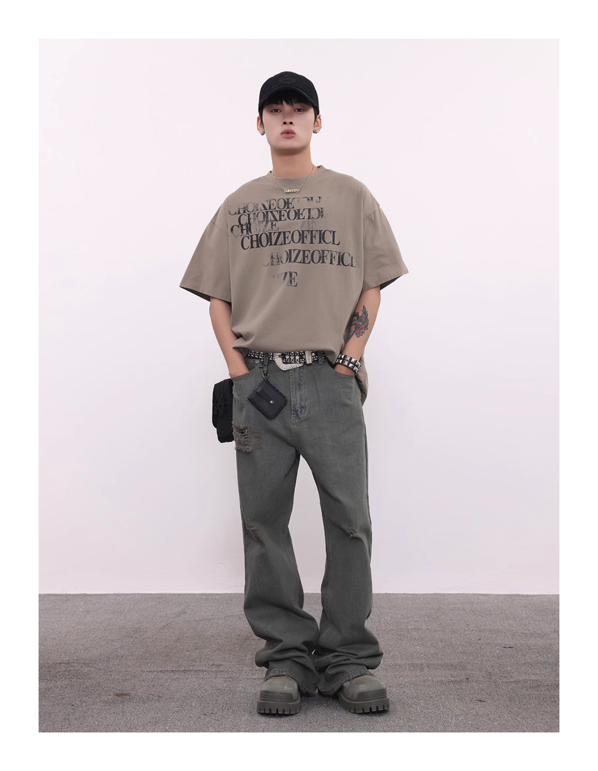 BTSG washed distressed grey green spoiled jeans