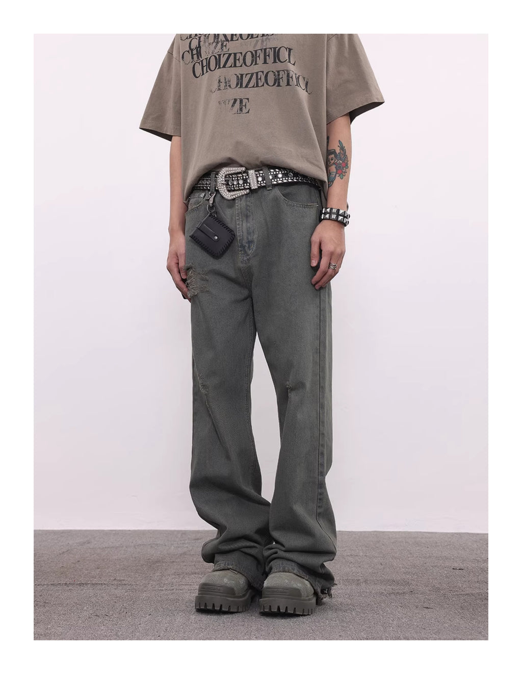 BTSG washed distressed grey green spoiled jeans