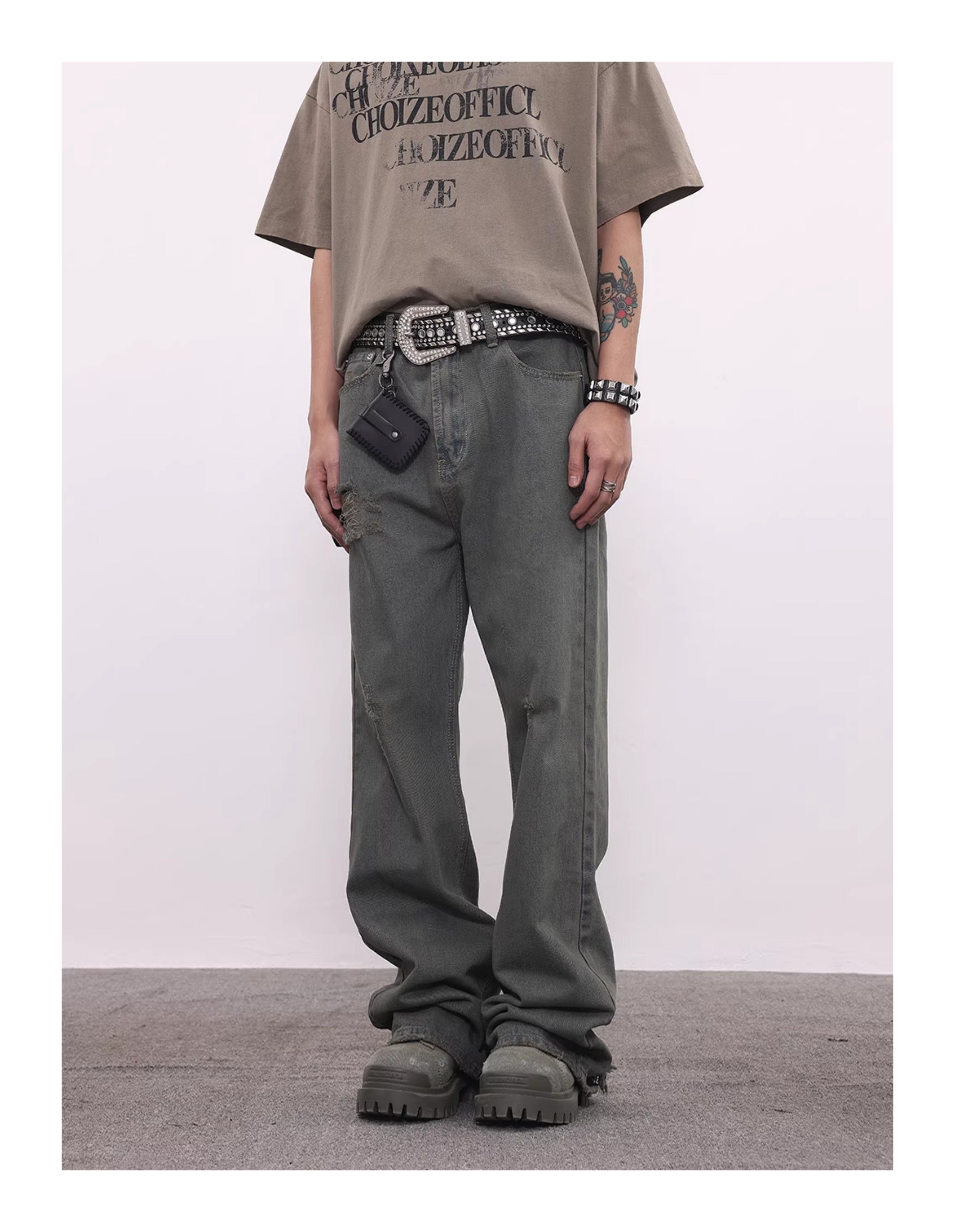 BTSG washed distressed grey green spoiled jeans