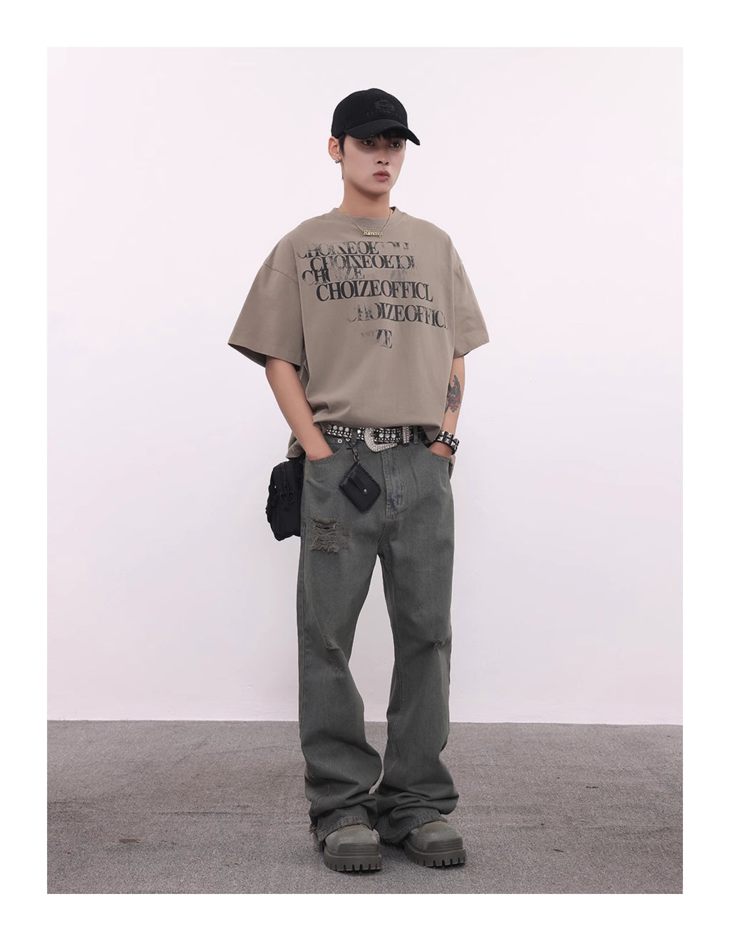 BTSG washed distressed grey green spoiled jeans