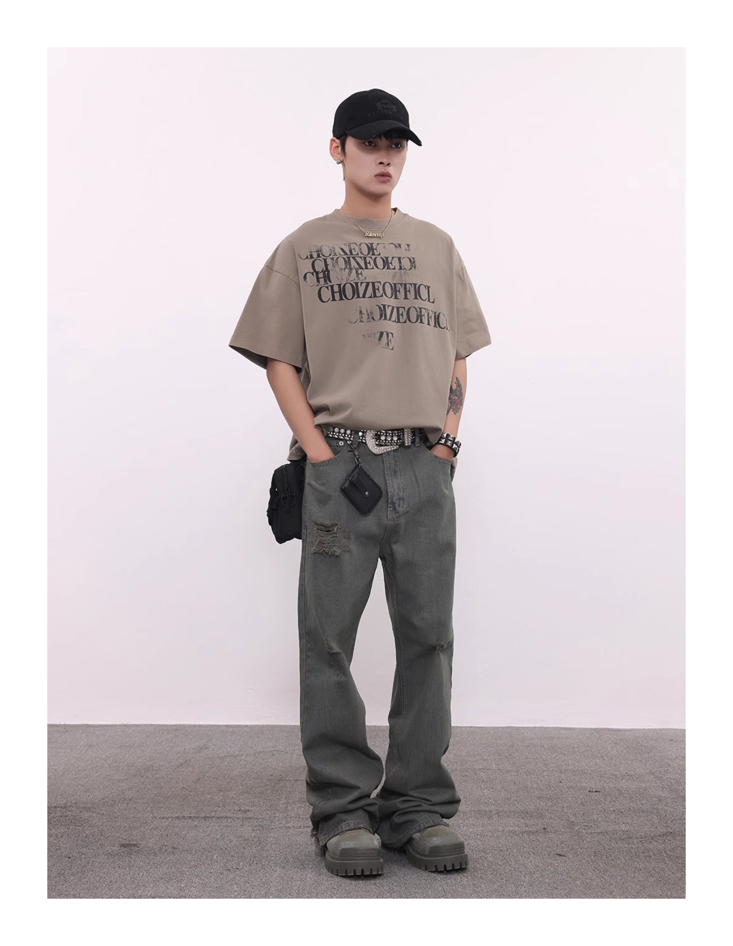 BTSG washed distressed grey green spoiled jeans