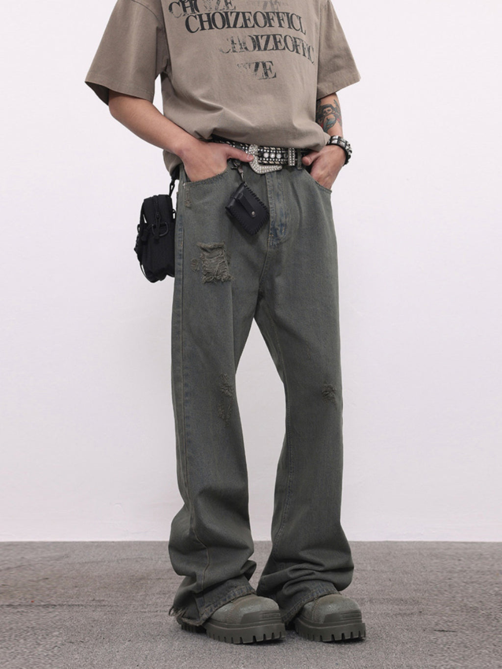 BTSG washed distressed grey green spoiled jeans