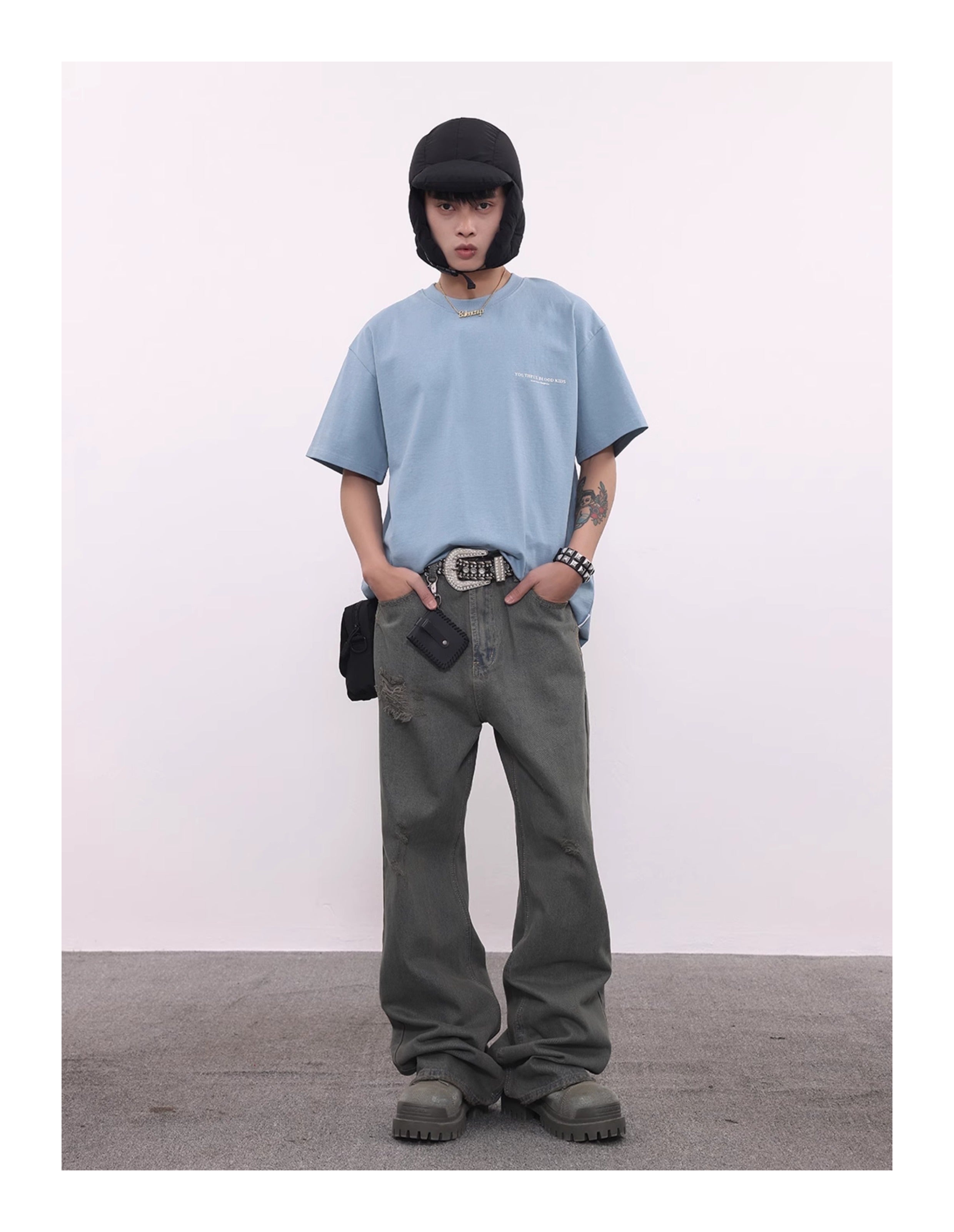 BTSG washed distressed grey green spoiled jeans