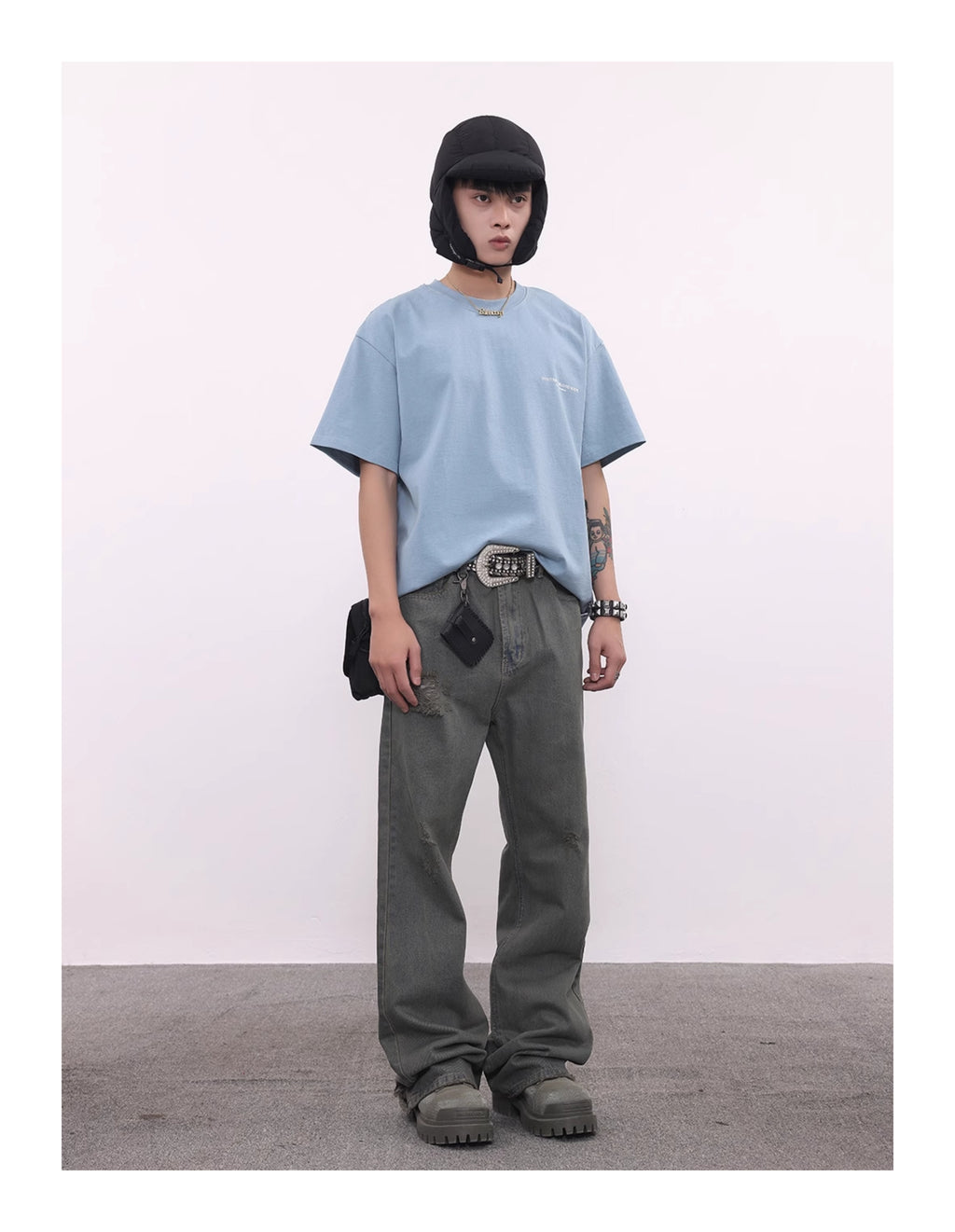 BTSG washed distressed grey green spoiled jeans
