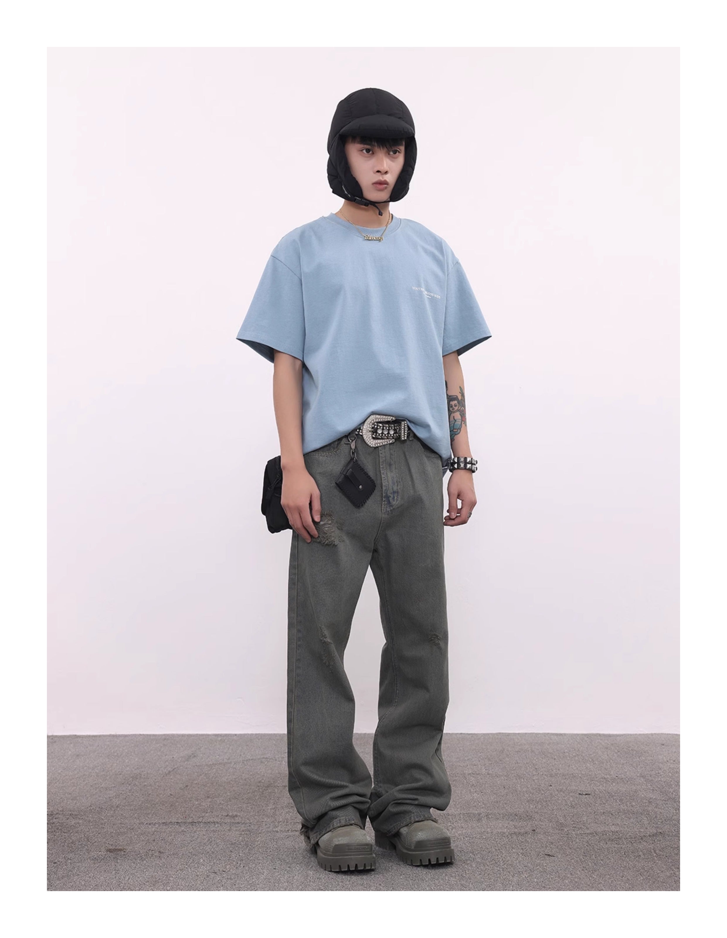 BTSG washed distressed grey green spoiled jeans