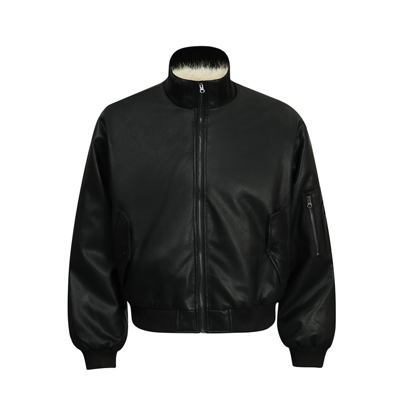 BTSG Motorcycle Leather Thickened Plush Collar MA1 Mountain Carved Jacket