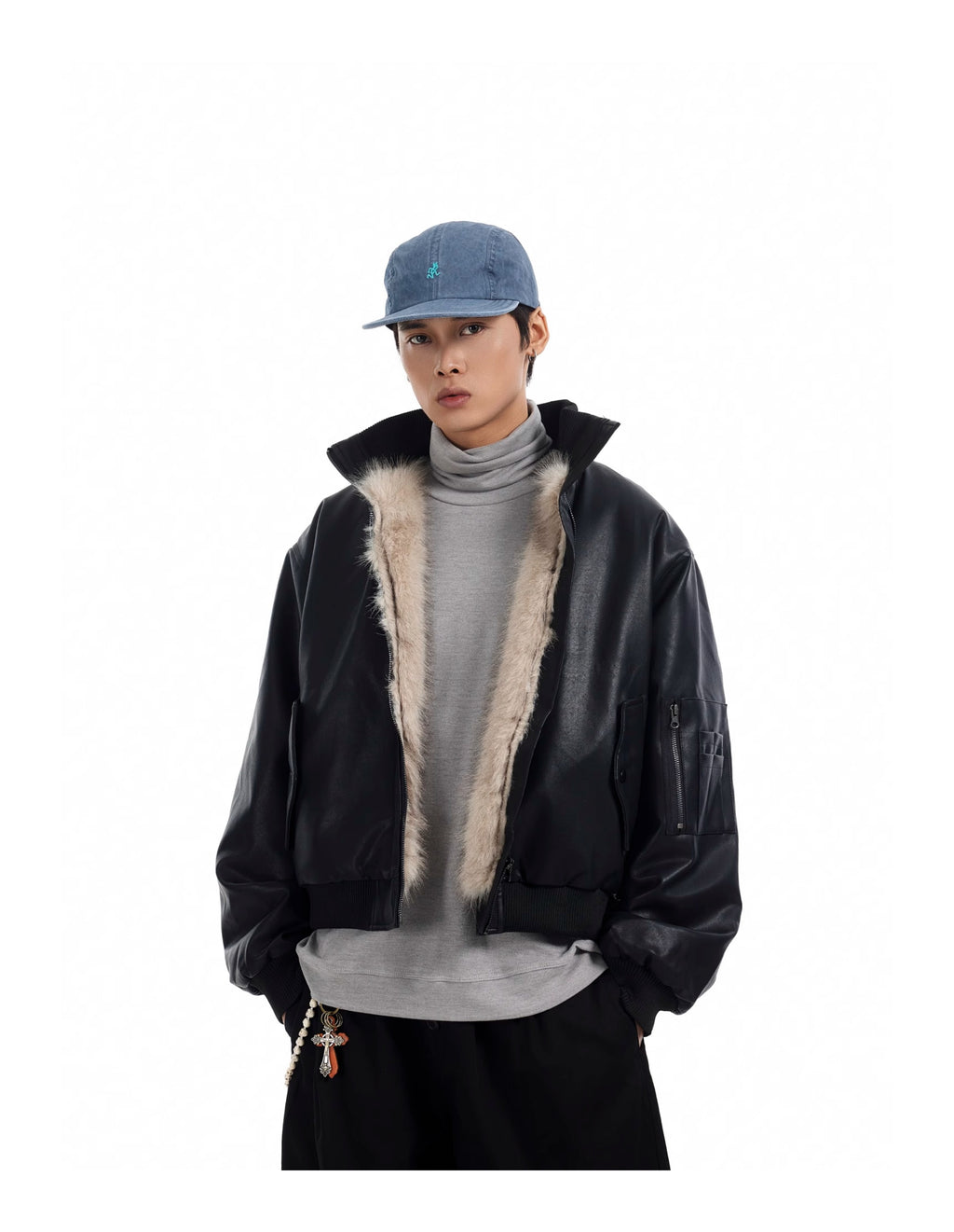 BTSG Motorcycle Leather Thickened Plush Collar MA1 Mountain Carved Jacket
