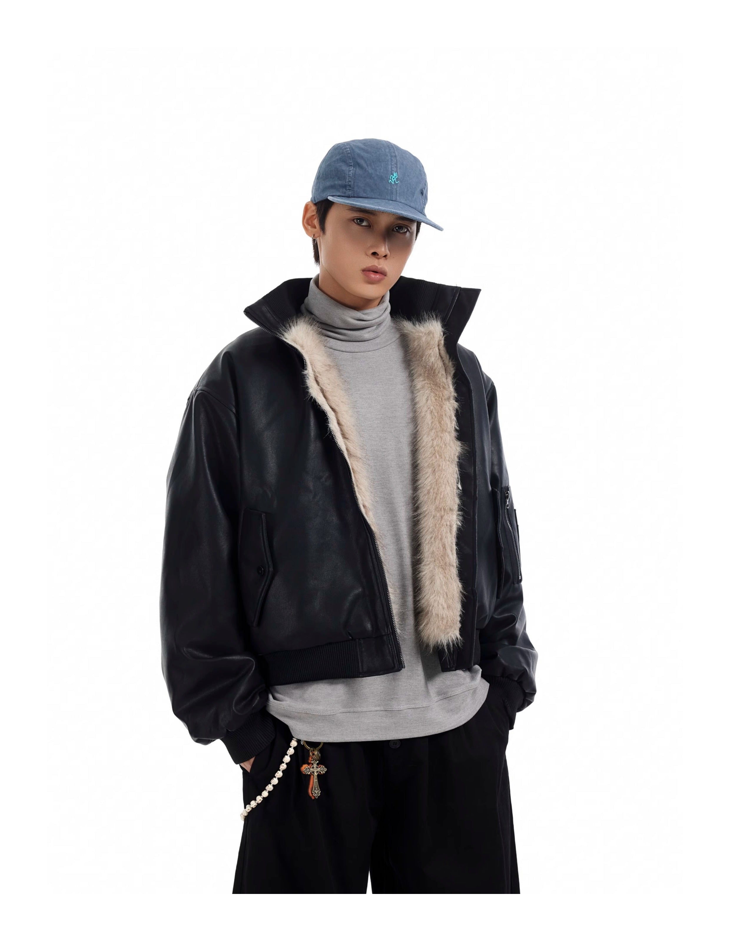 BTSG Motorcycle Leather Thickened Plush Collar MA1 Mountain Carved Jacket