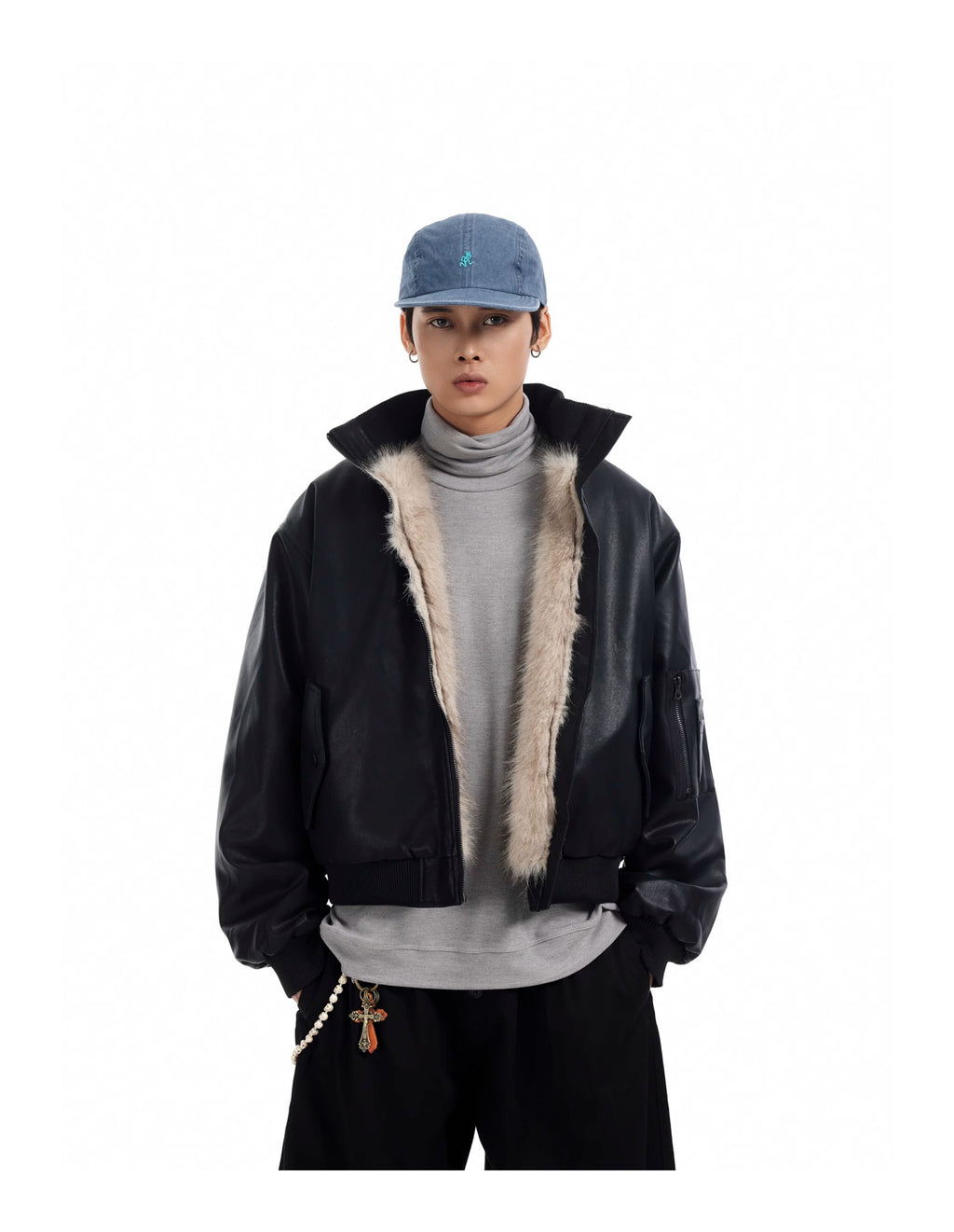 BTSG Motorcycle Leather Thickened Plush Collar MA1 Mountain Carved Jacket